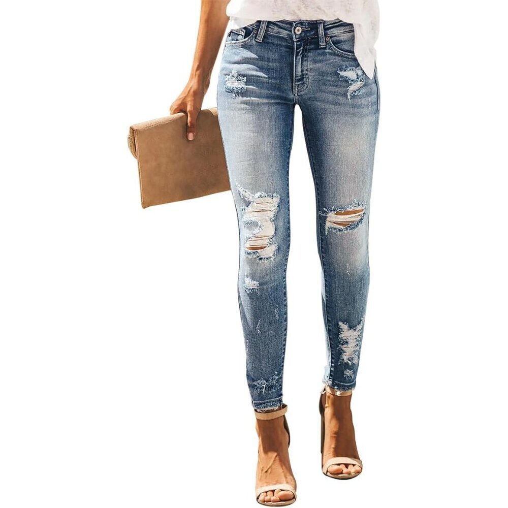 Women's Ripped Skinny Jeans Denim Mid Rise Stretchy Casual Pants